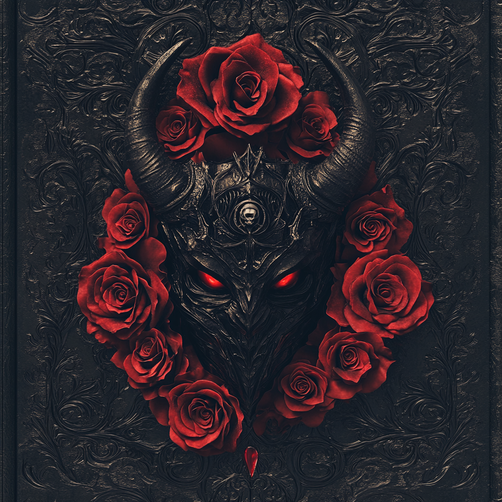 A dark book cover with red roses and devil.