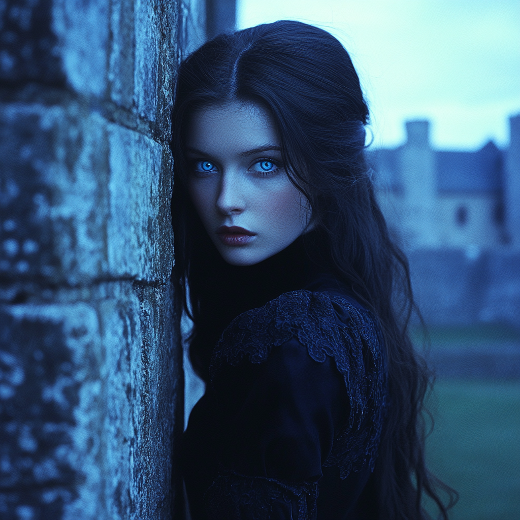 A dark-haired woman in black dress peering