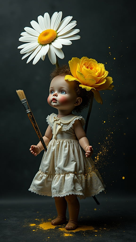 A dark image with daisy, yellow rose, broken doll