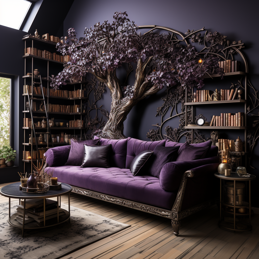 A dark room with tree-shaped bookshelves and books.