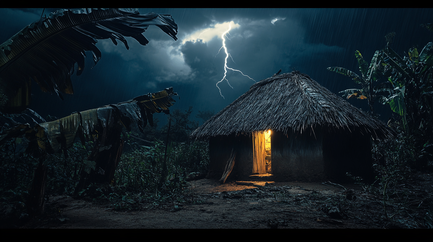 A dark village hut in African mythology