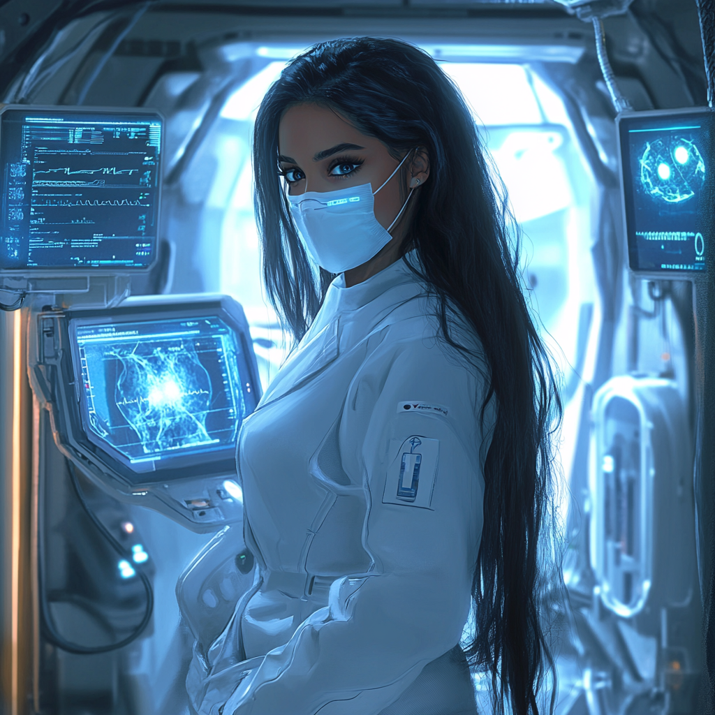 A dedicated doctor in a futuristic spaceship clinic