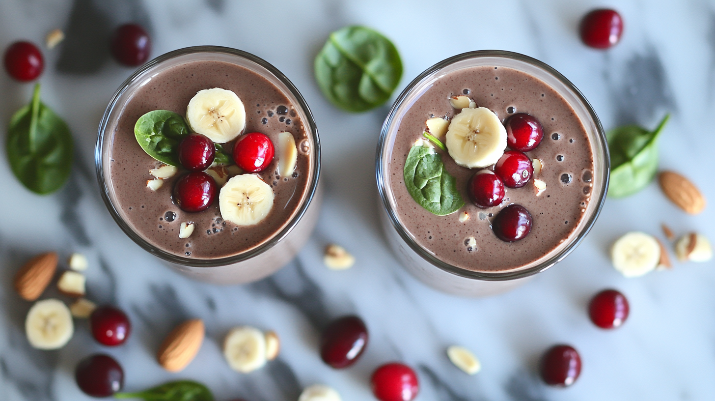 A delicious cherry-chocolate smoothie with fruity toppings