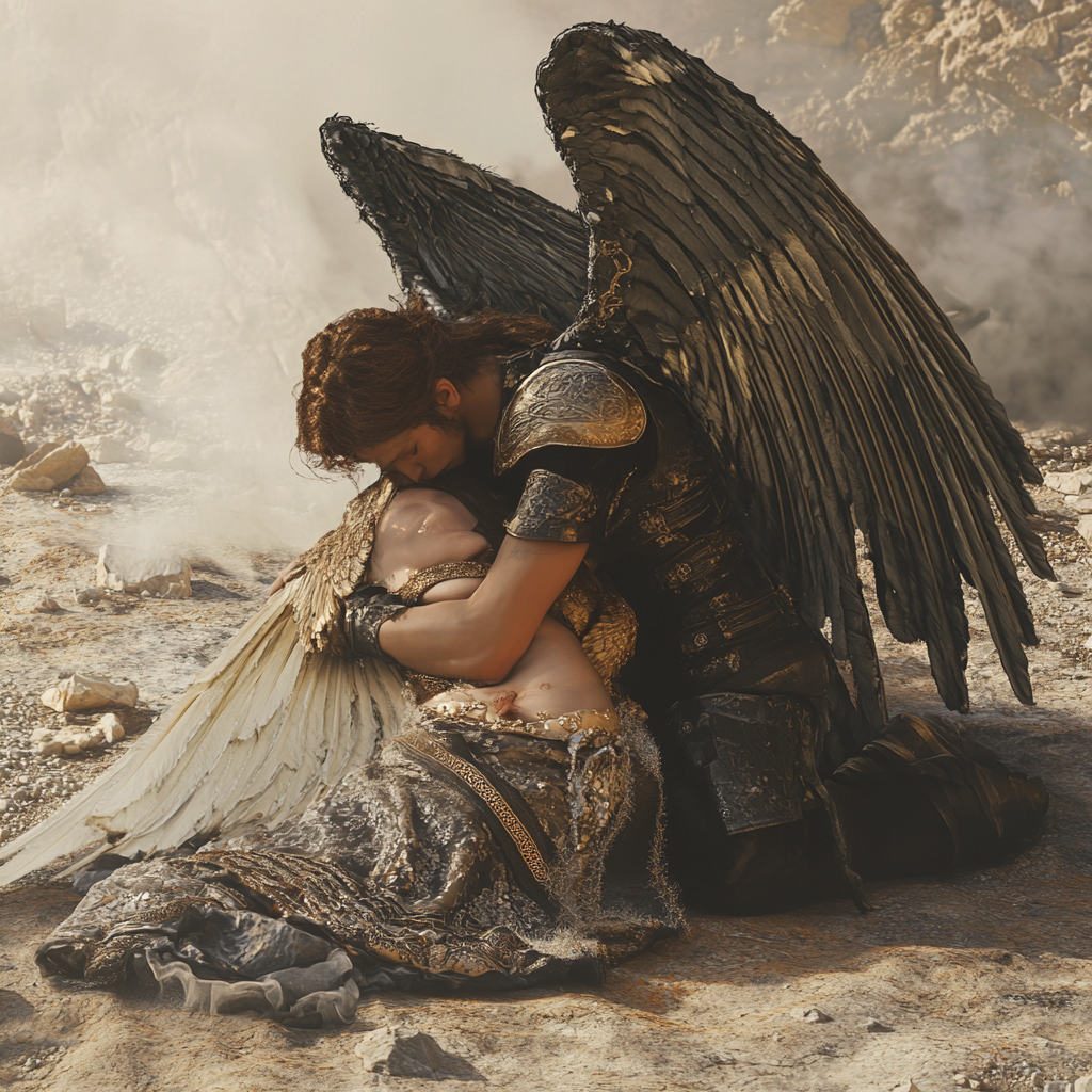 A demon holds a dying angel