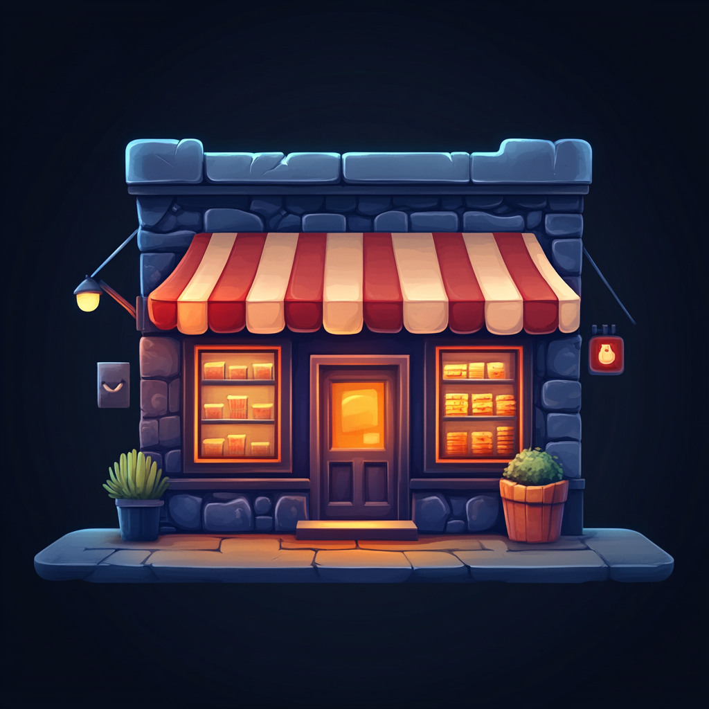 A detailed 2D game storefront on dark background.