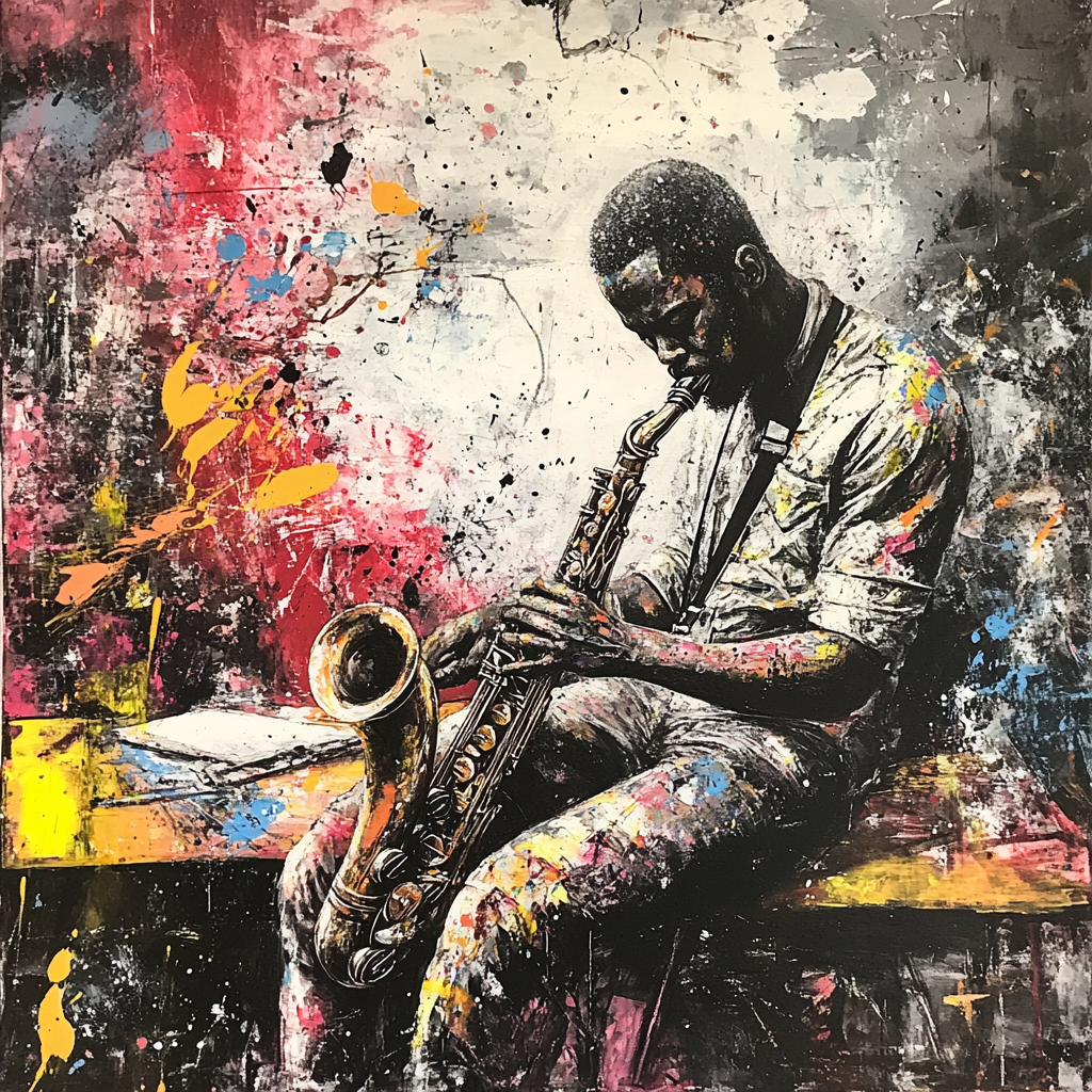 A detailed African man playing saxophone in abstract art.