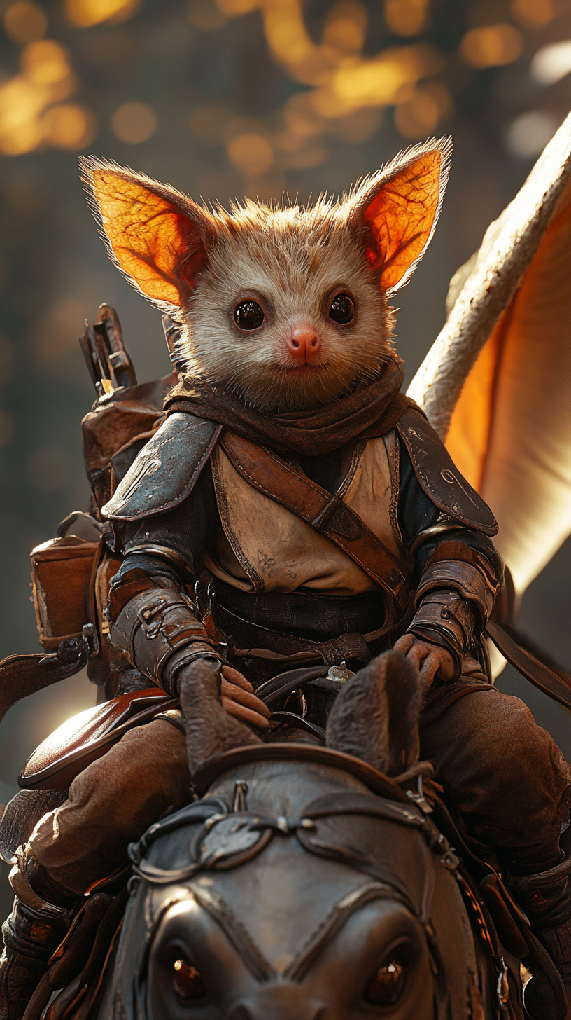 A detailed D&D character riding sugar glider.