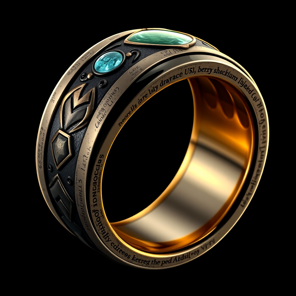 A detailed dark metal ring with shield design.