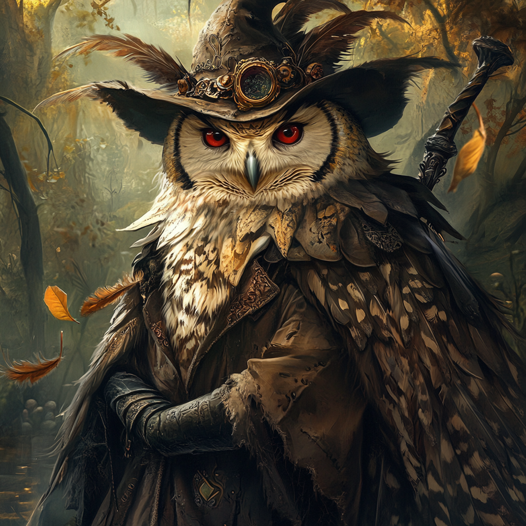 A detailed illustration of a steampunk owl witch