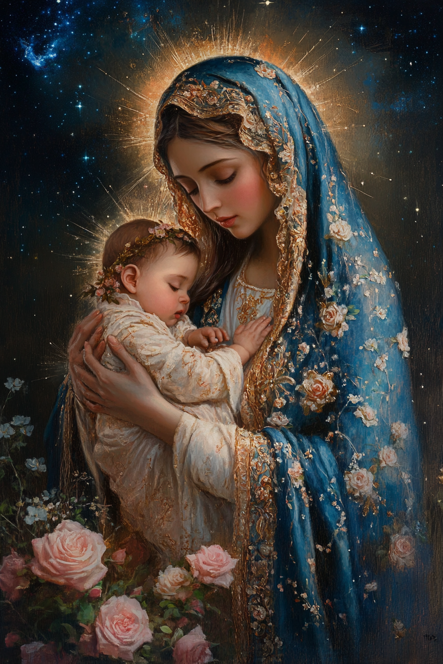 A detailed painting of Mary holding baby Jesus