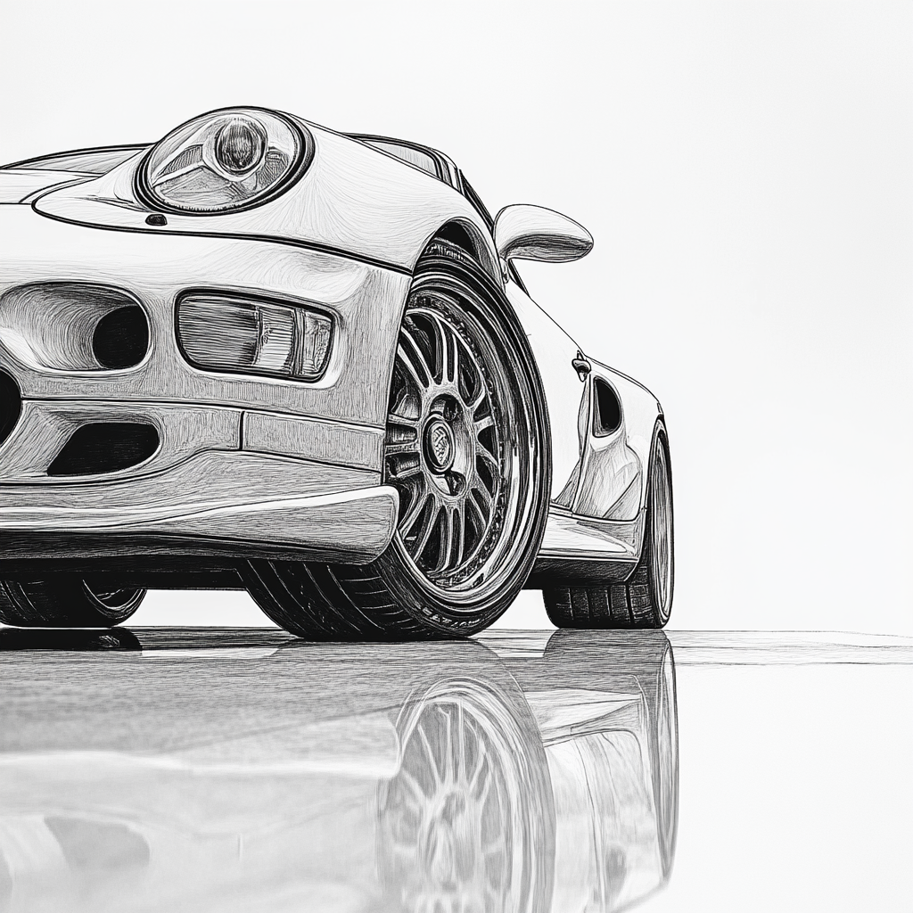 A detailed pencil drawing of a classic Porsche