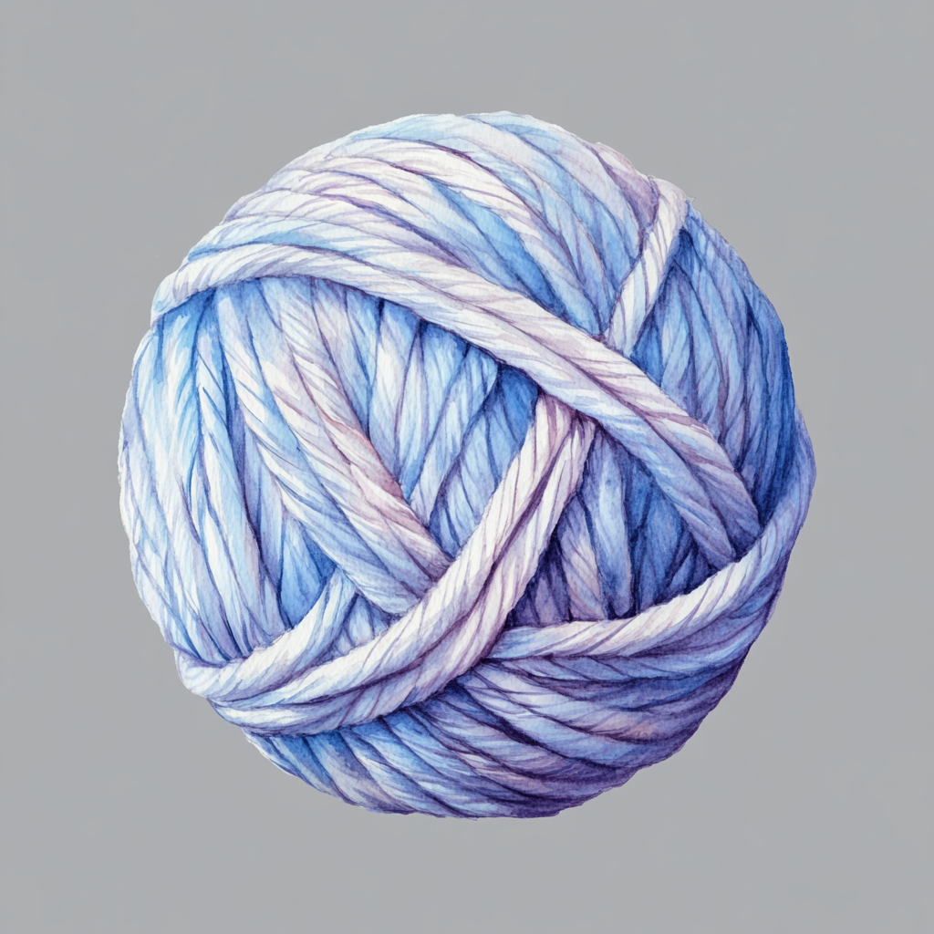 A detailed watercolor clipart of pastel blue yarn.