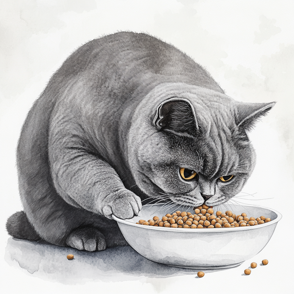 A detailed watercolor illustration of a fat cat eating.