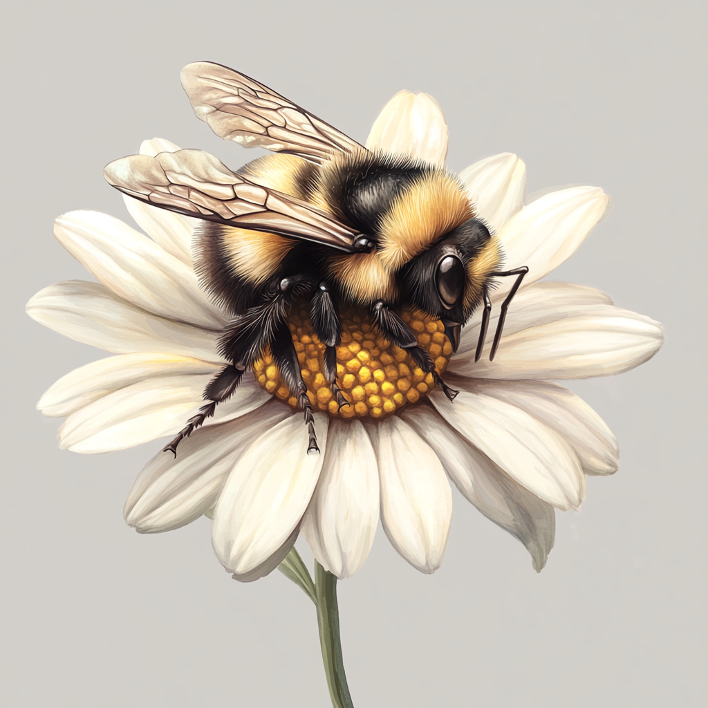 A detailed watercolor of a bumblebee on daisy