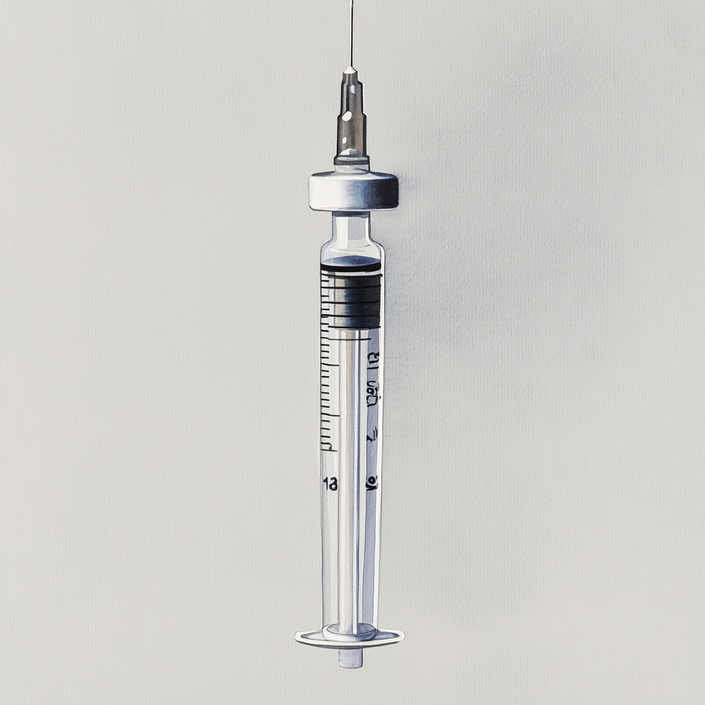 A detailed watercolor of syringe on gray background