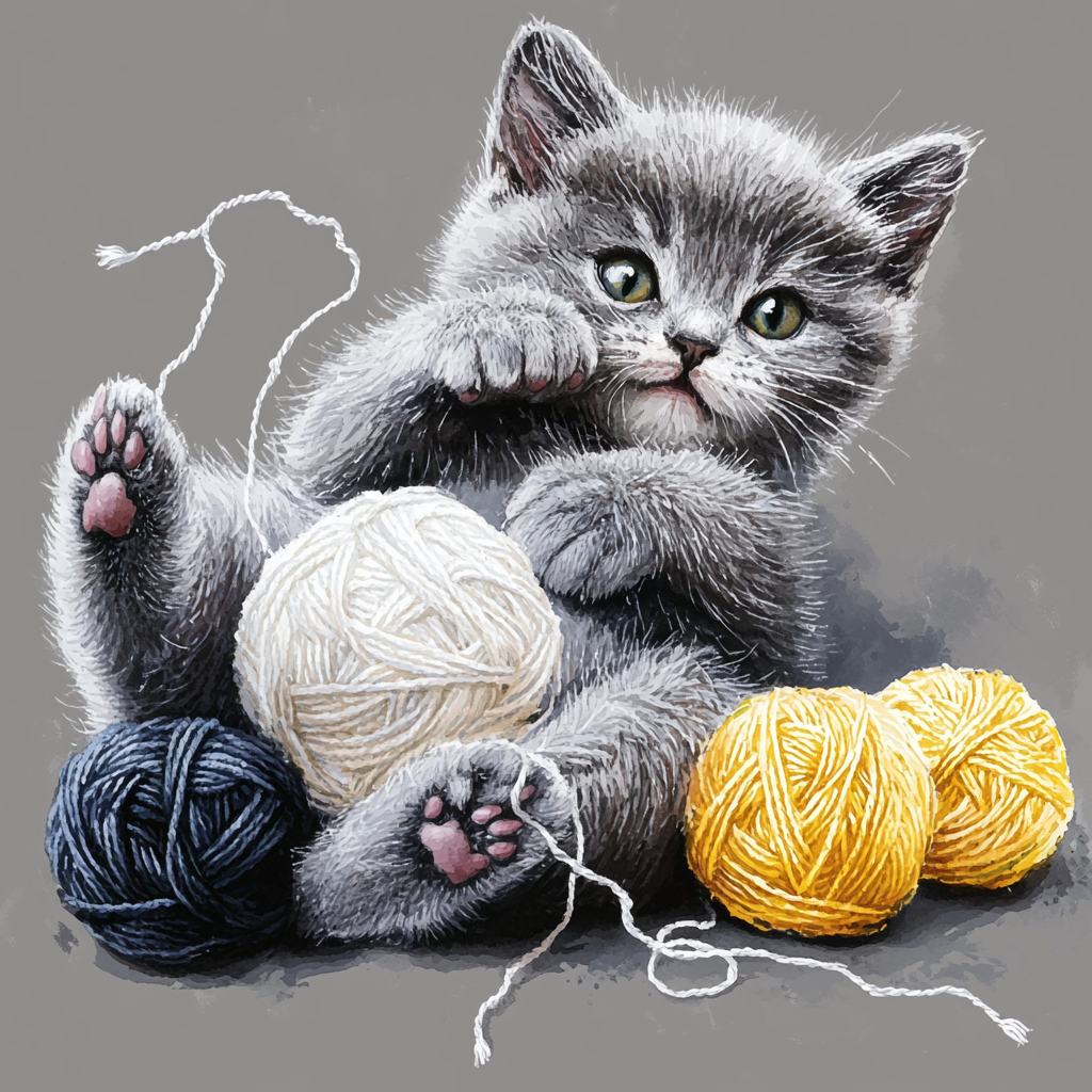 A detailed watercolor painting of a playful gray kitten.