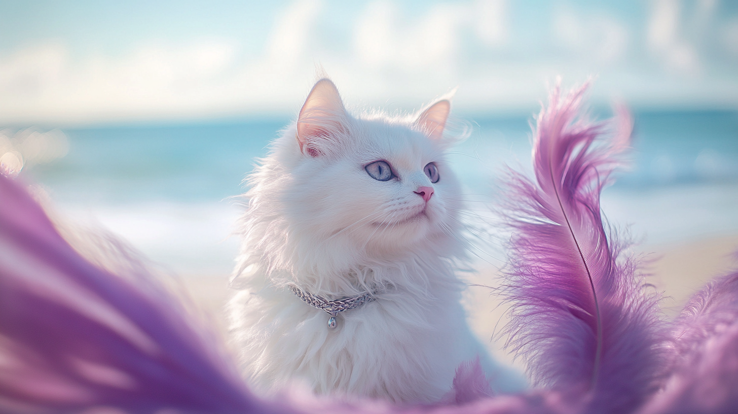 A detailed white cat with purple feathers on beach