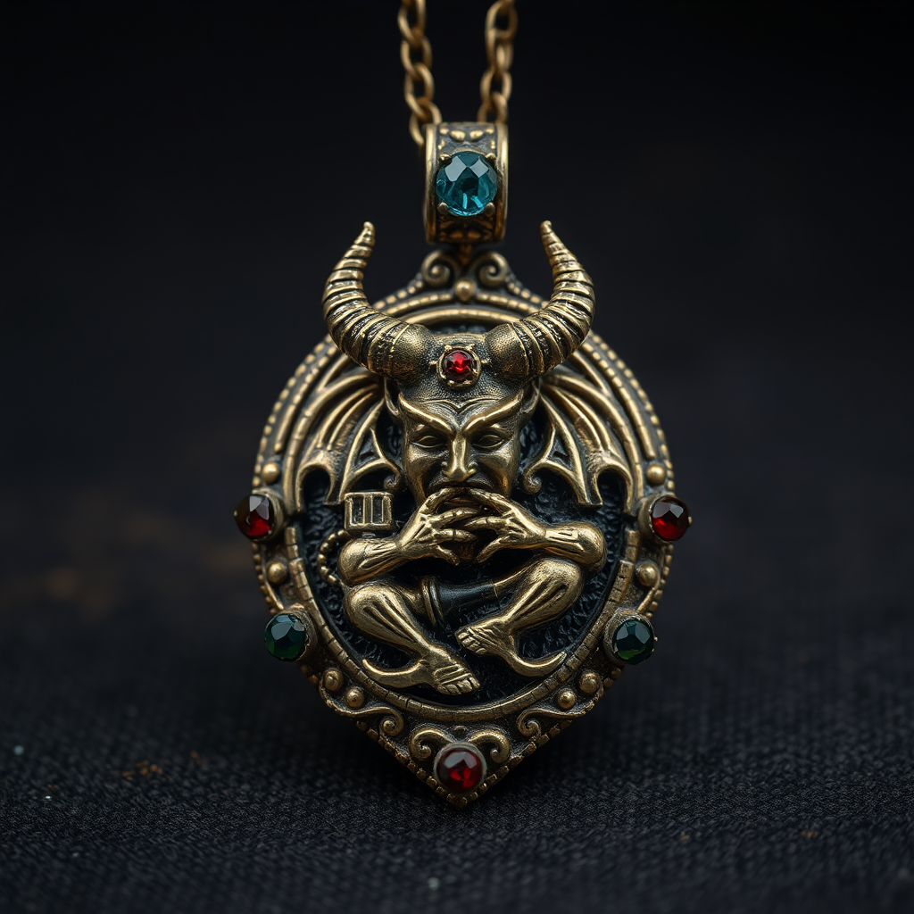 A devil depicted on jewelled amulet in photograph.