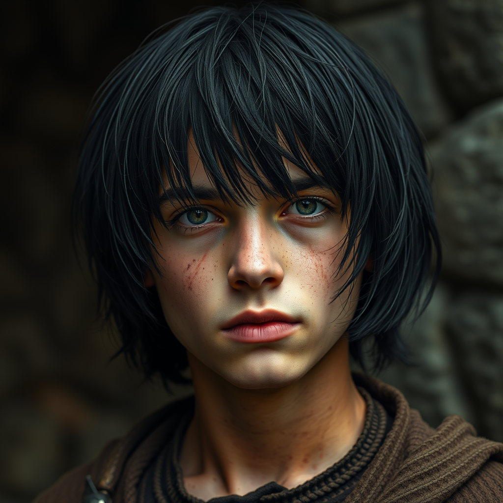 A dirty-faced medieval boy with black bob haircut