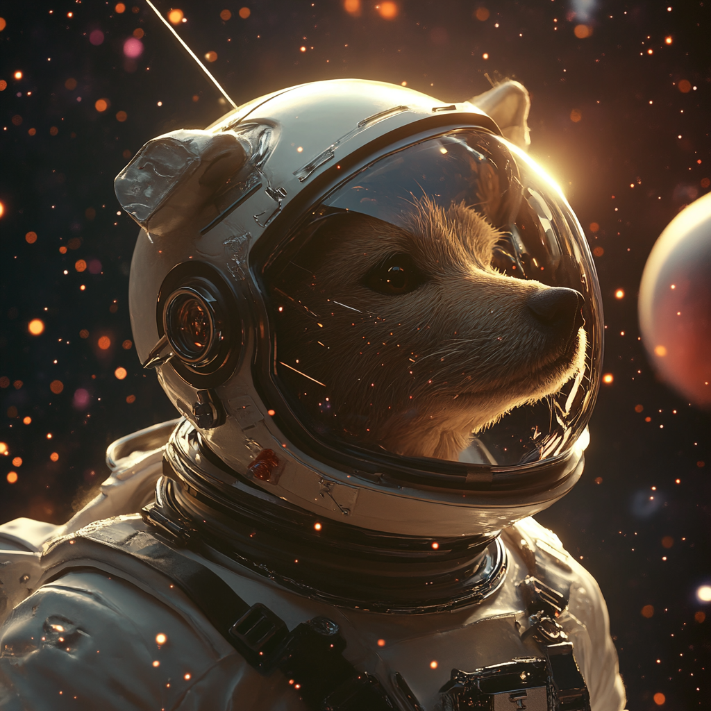 A dog astronaut in space helmet explores planets