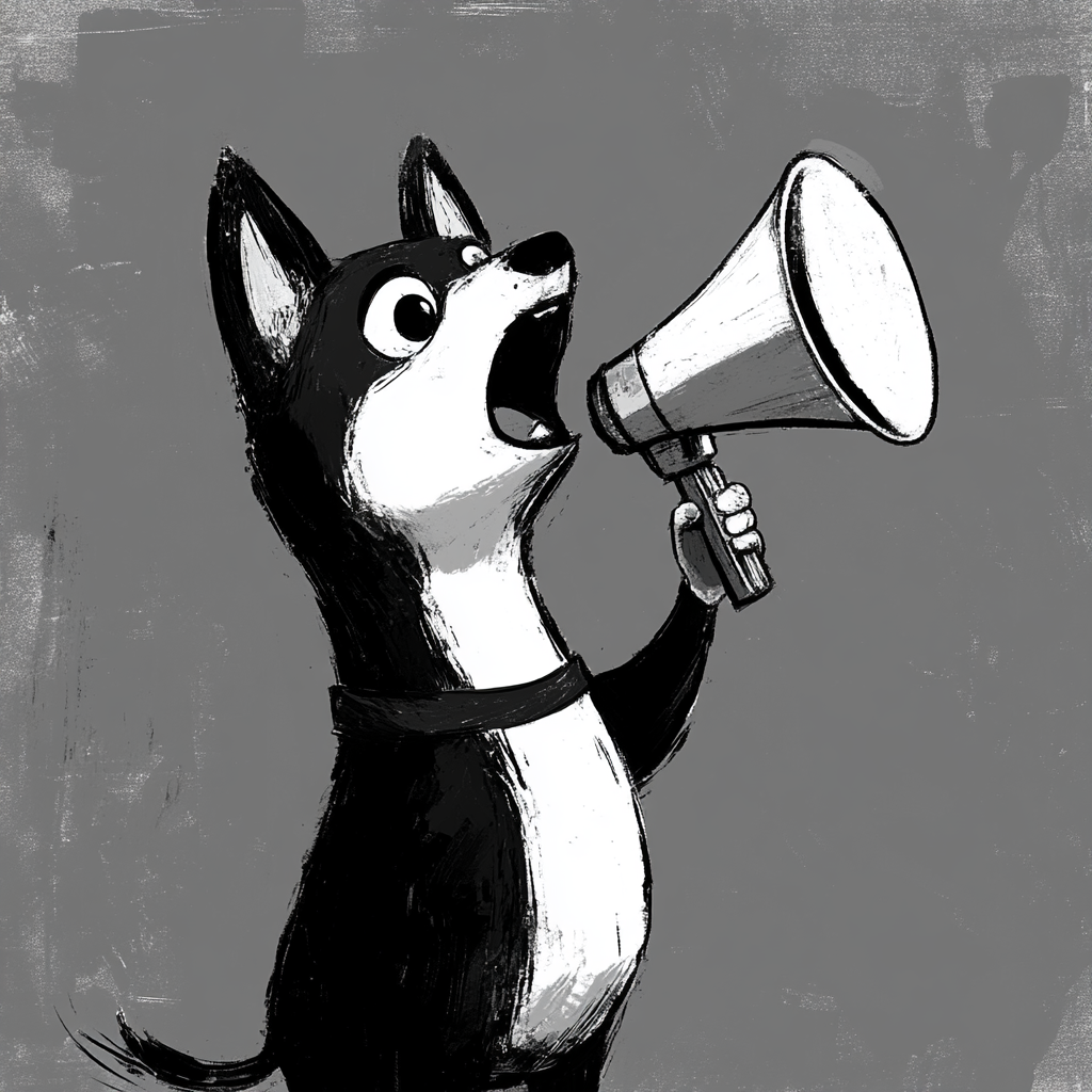 A dog giving motivational speech with megaphone