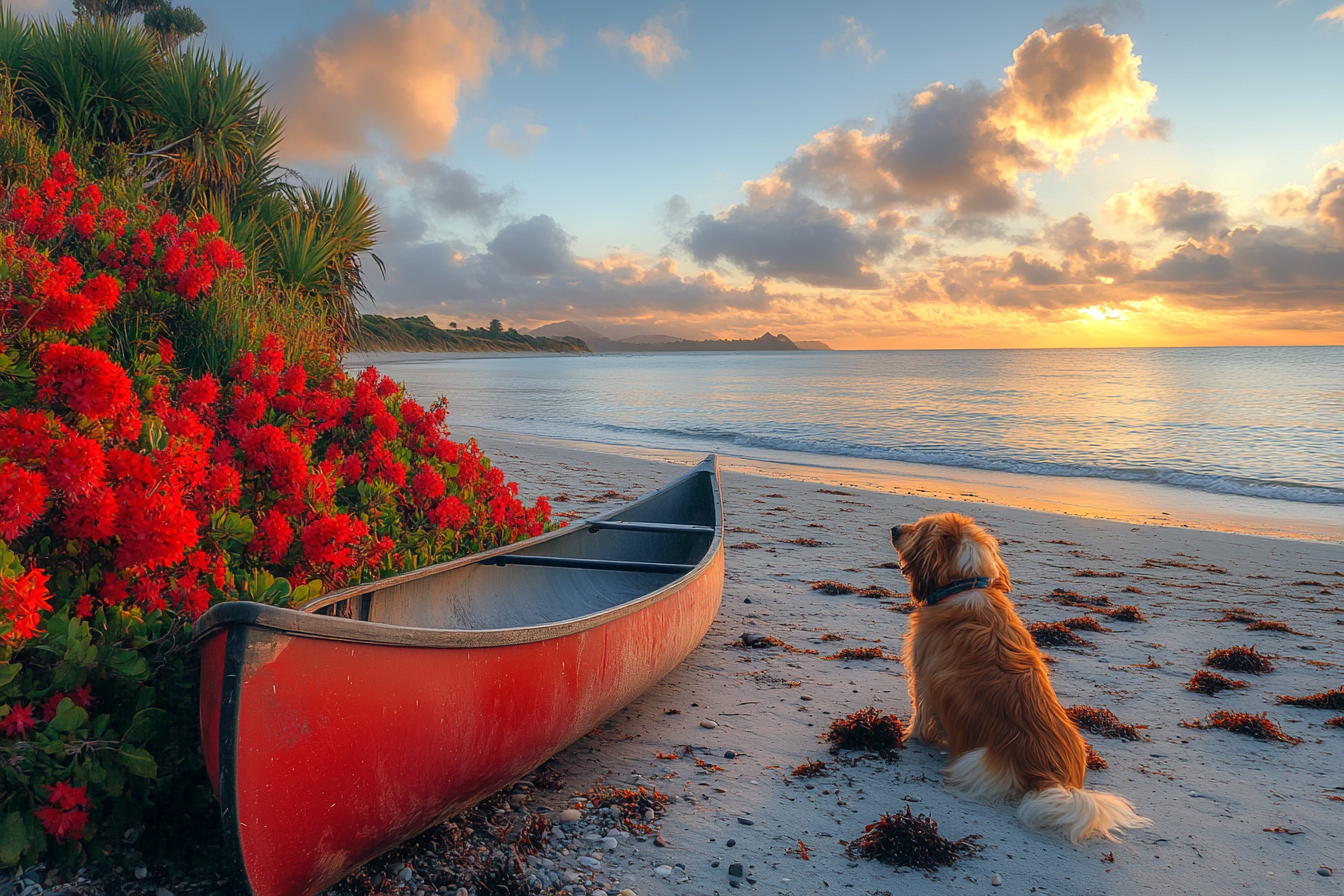 A dog on a beach at sunset