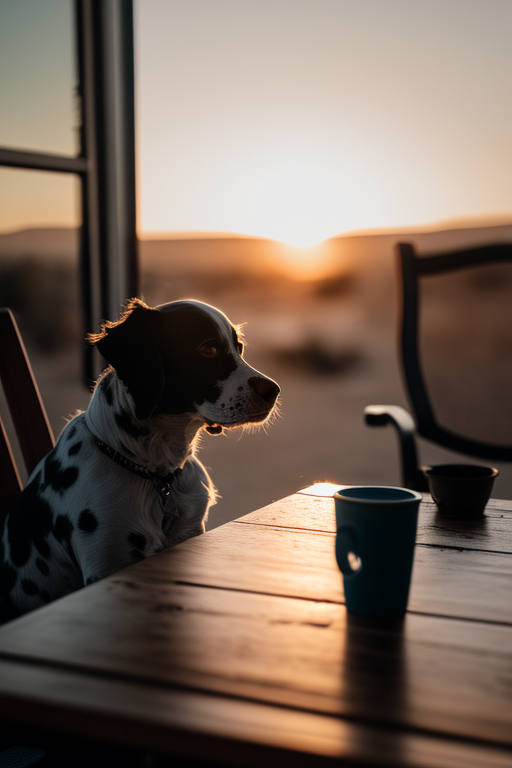 A dog sitting at a sunset table