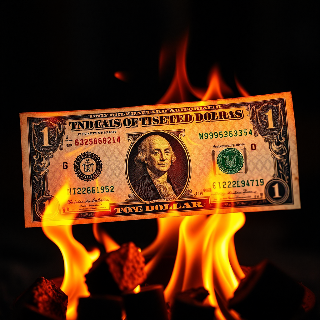 A dollar is on fire and looks beautiful.