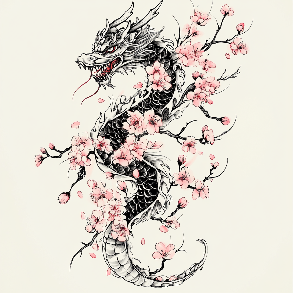 A dragon with sakura flowers on white background