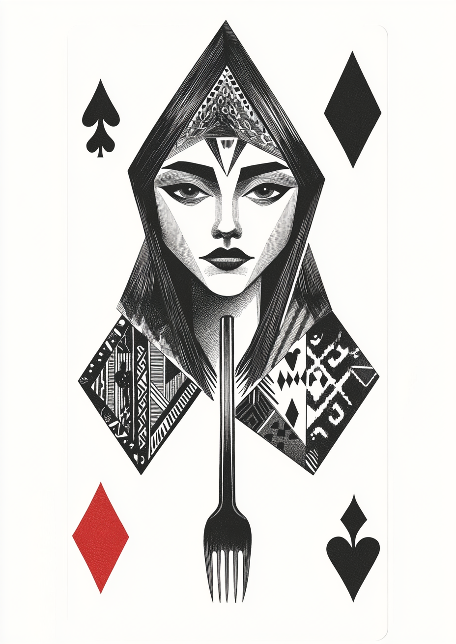 A drawing of a queen playing card with a fork.