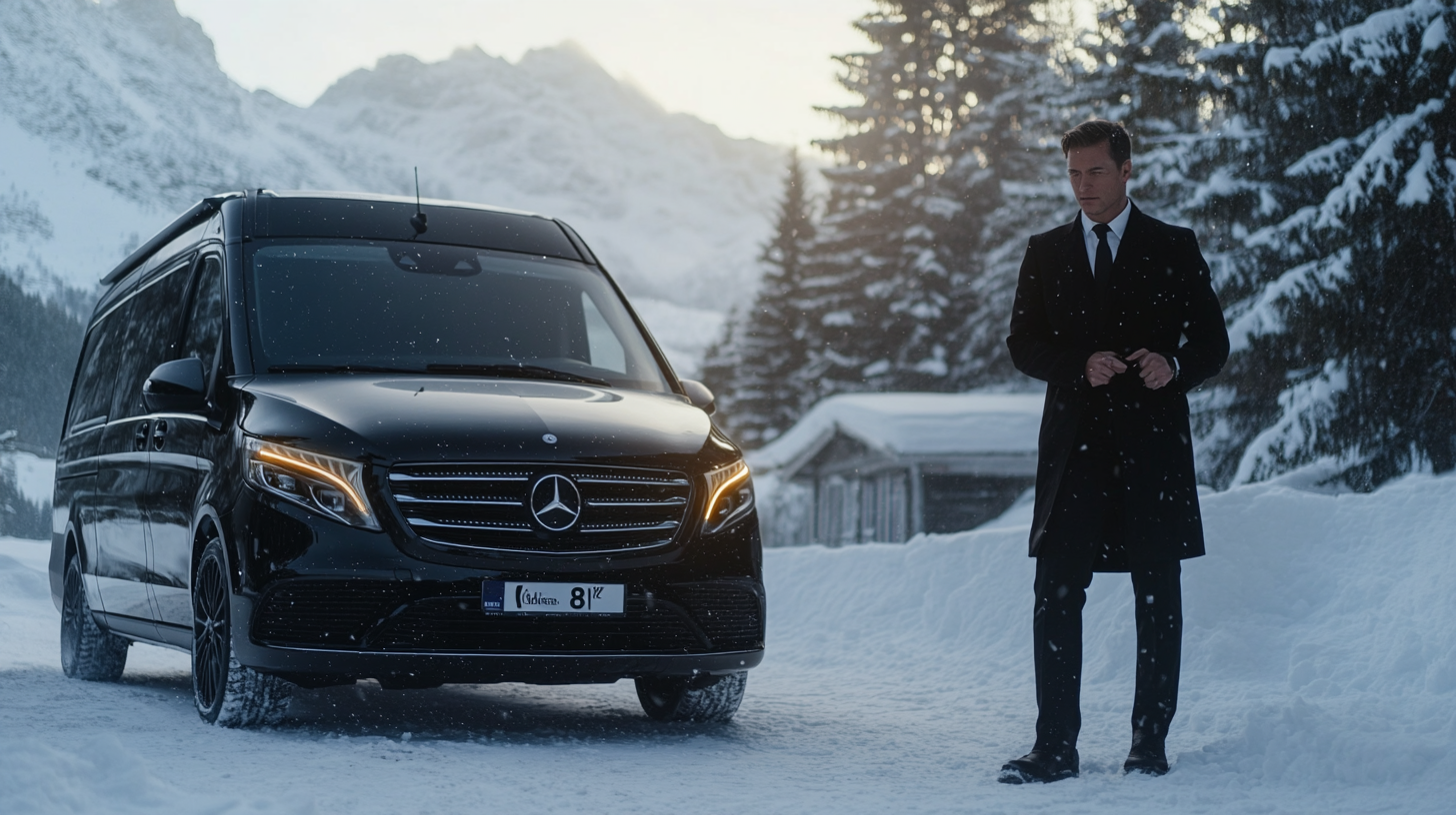 A driver in black suit waits by Mercedes van