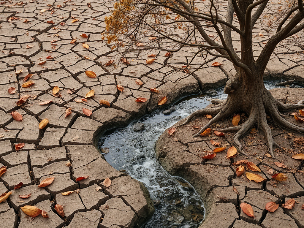 A dry land with leaves, tree, and stream.