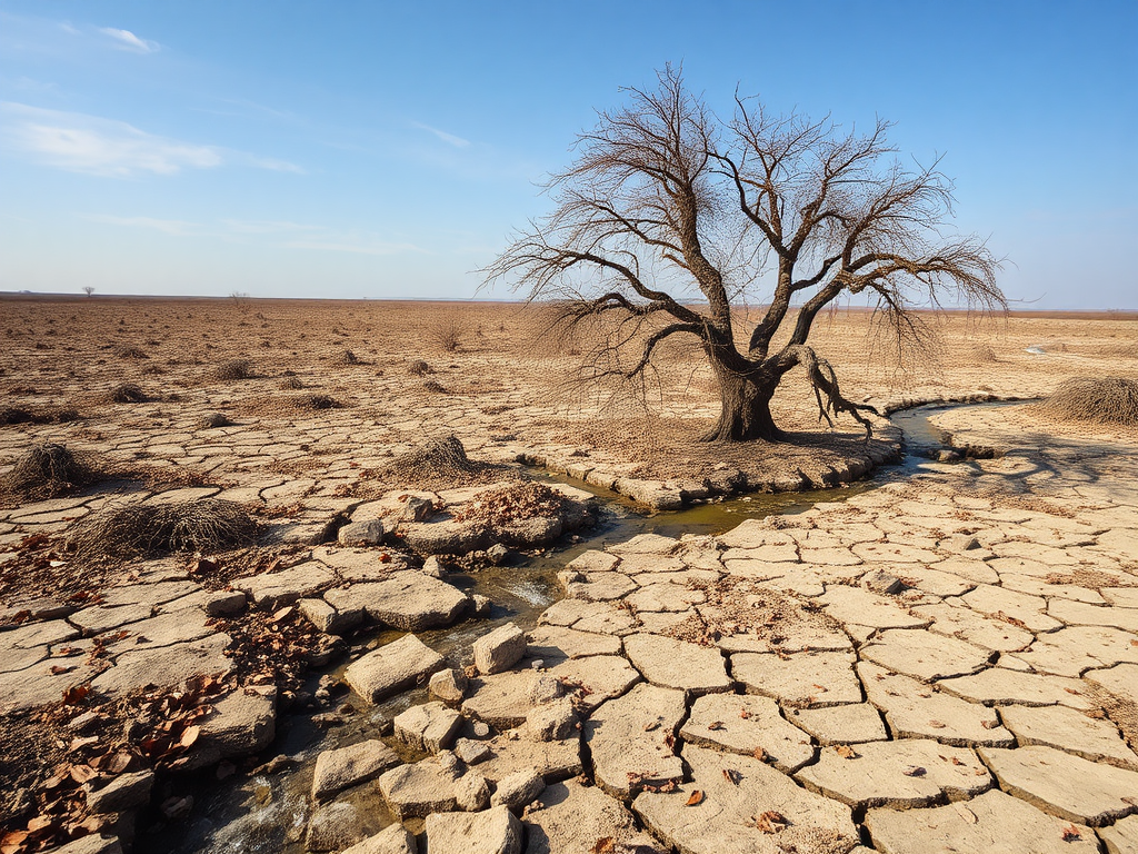 A dry land with leaves and dried tree.