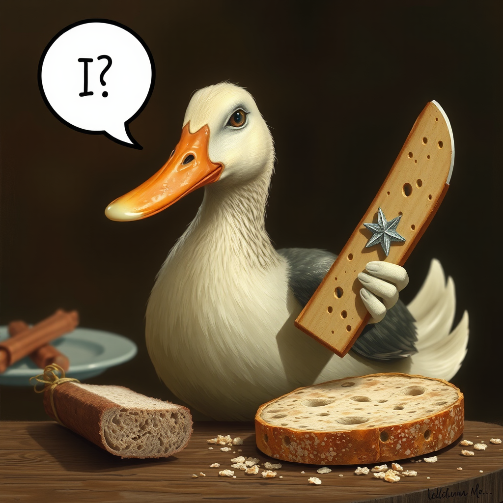 A duck with a knife requests bread.