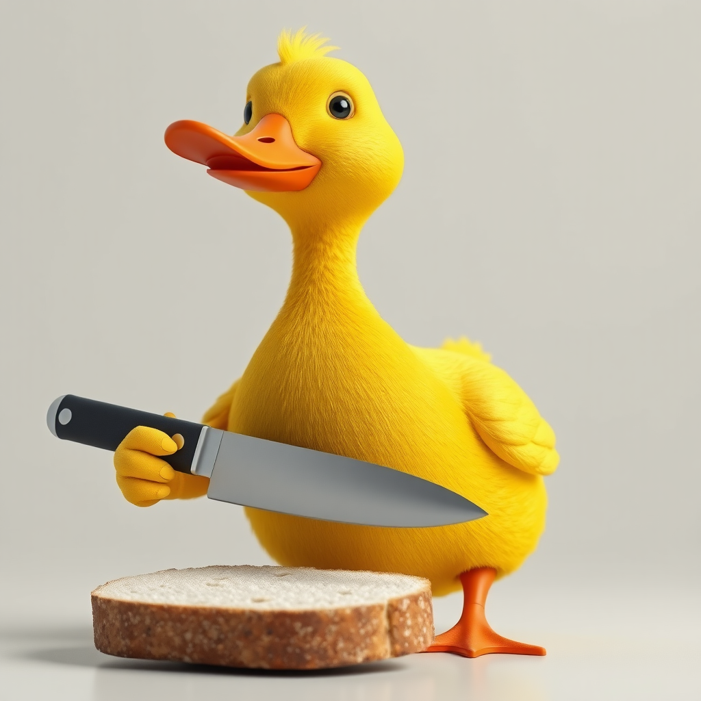 A duck with knife holding bread in kitchen.