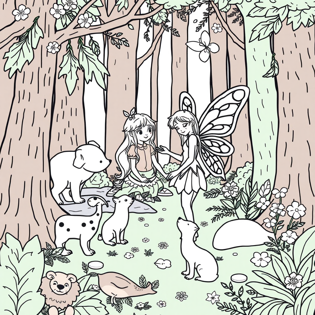 A fairy in the forest with animals.