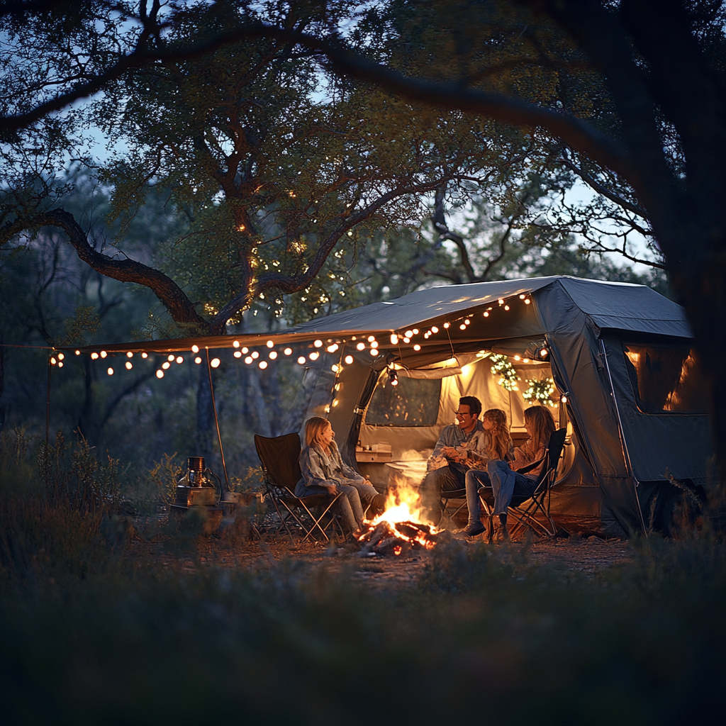 A family camping in decorated tent in bushveld