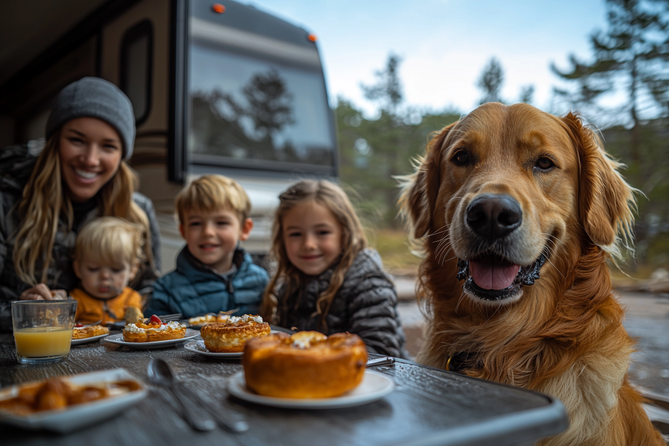 A family eating at breakfast near an RV