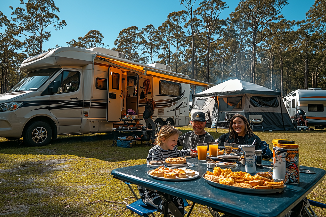 A family eating breakfast in front of RV.