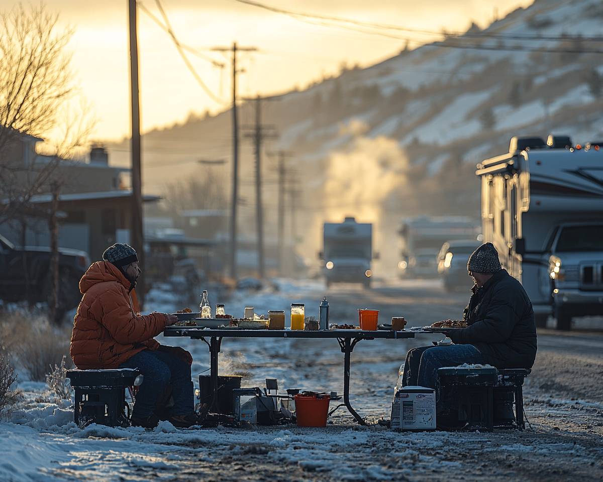 A family enjoying breakfast outside their RV.