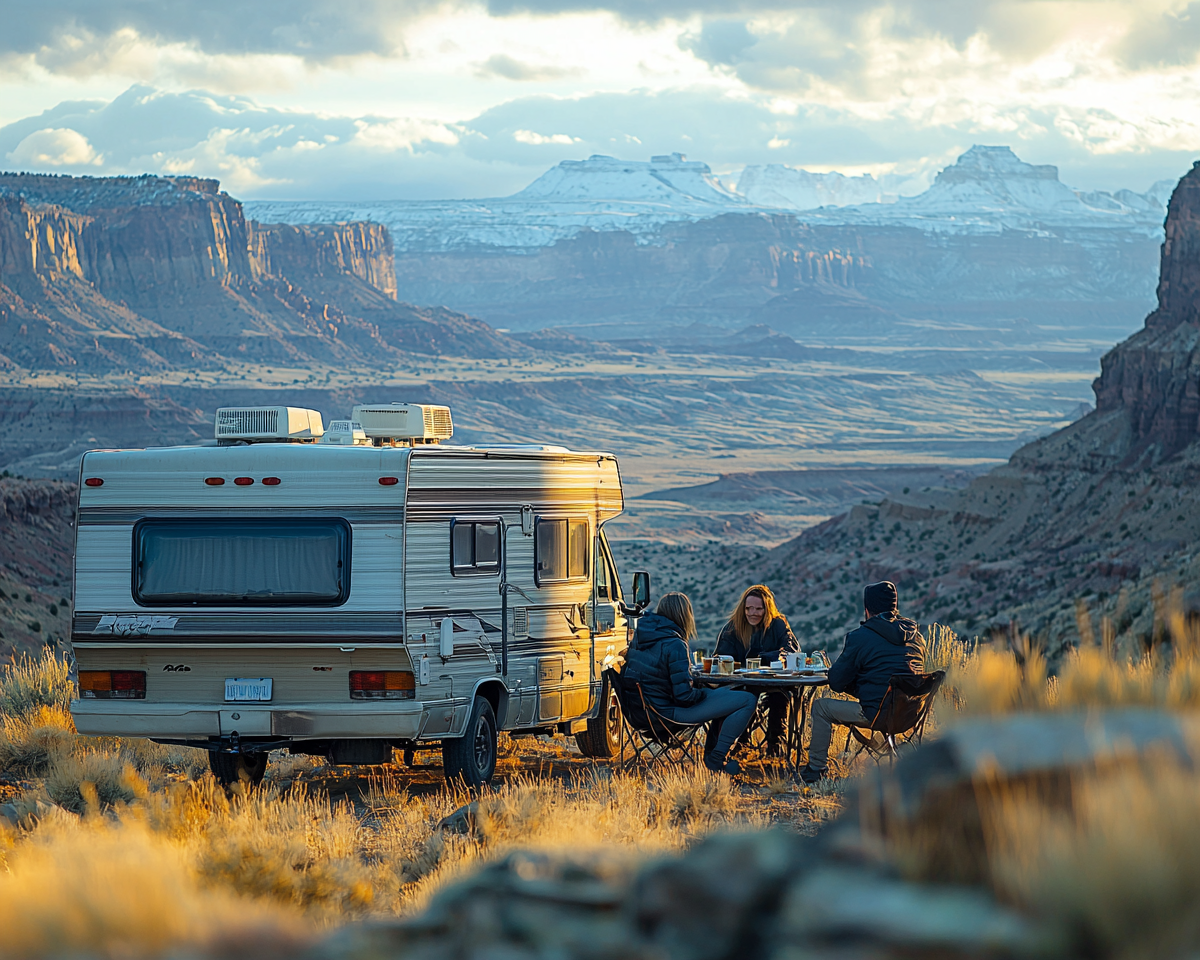 A family enjoys breakfast in front of RV.