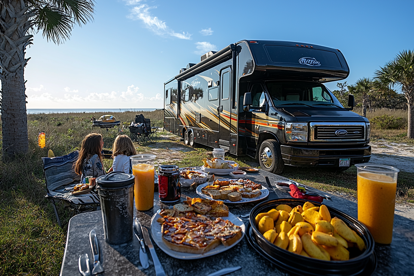 A family having breakfast in front of RV.