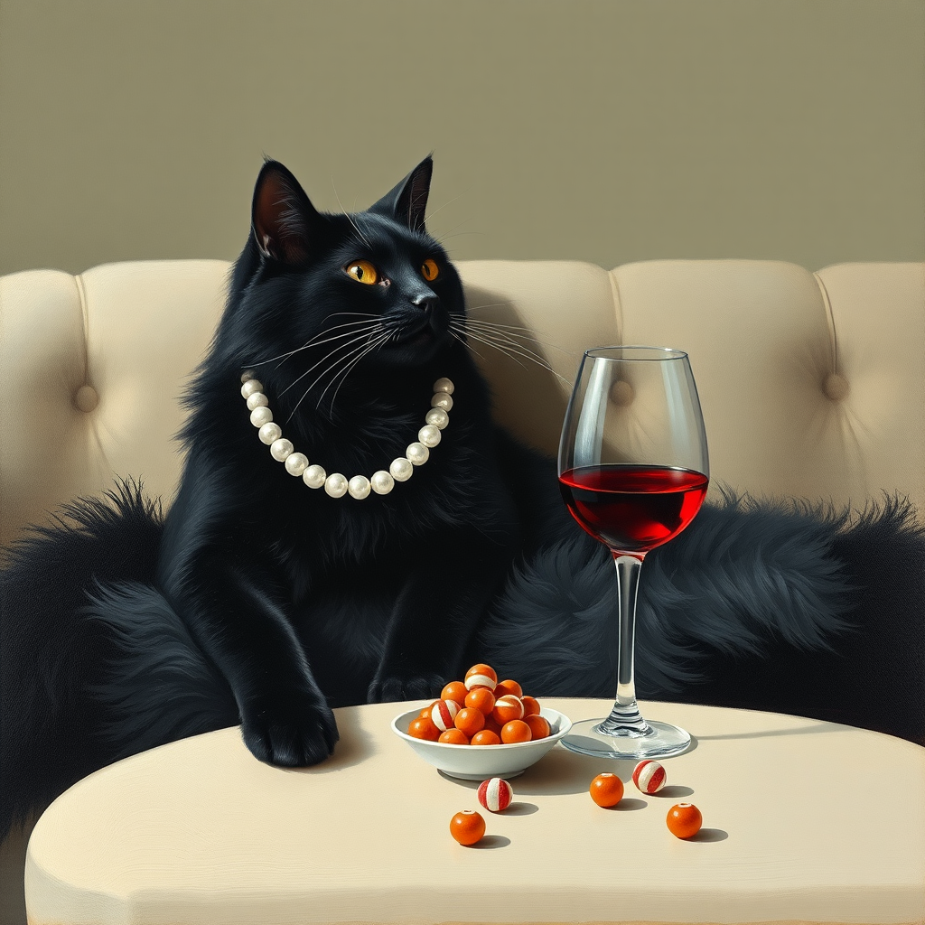 A fancy black cat relaxing on a sofa.