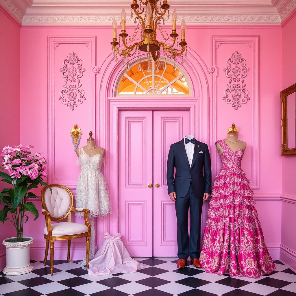 A fancy pink clothing store for special occasions.