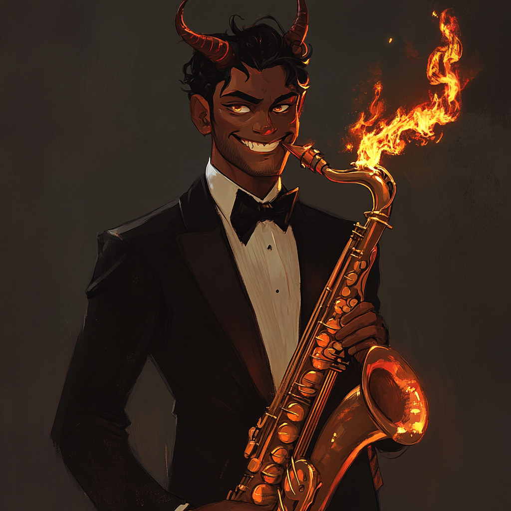 A fancy tiefling man with a flaming saxophone