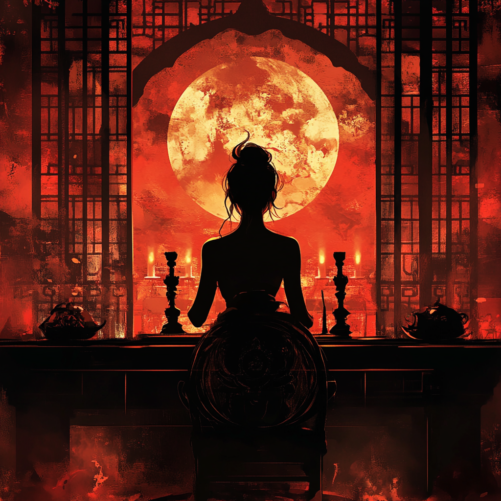 A fantasy illustration of an Asian woman in silhouette.