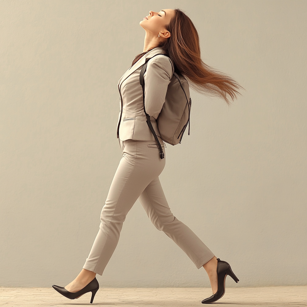 A fashionable woman rush to work, harming health.