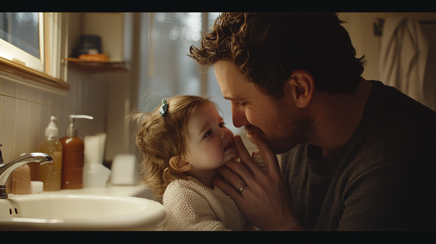 A father comforting his daughter in bathroom