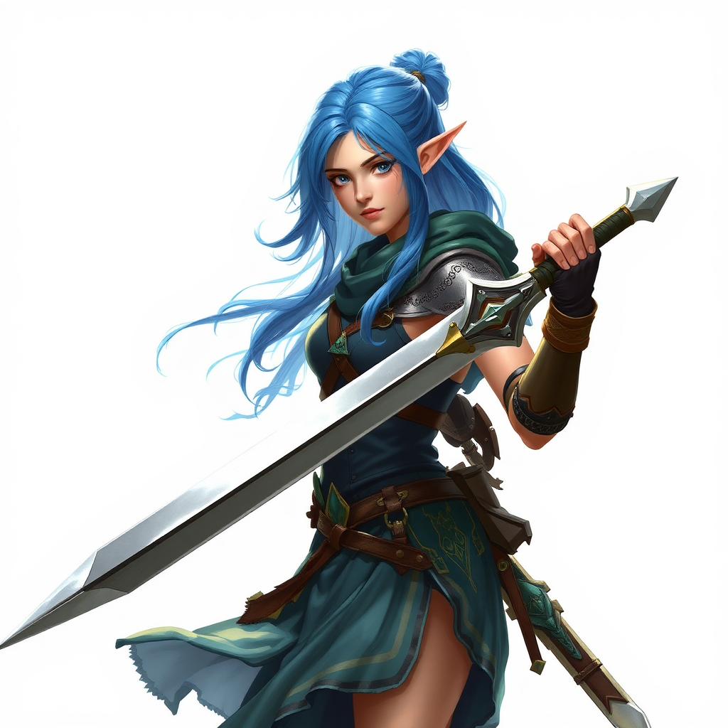 A female elf warrior wields a greatsword.