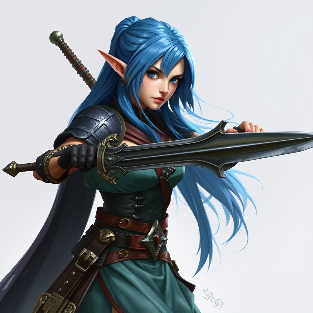 A female elf warrior wields two-handed sword.